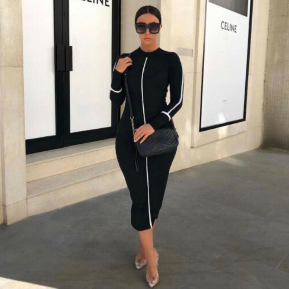Edgy Elegant Color Blocking Long Sleeve Bodycon Midi Dress